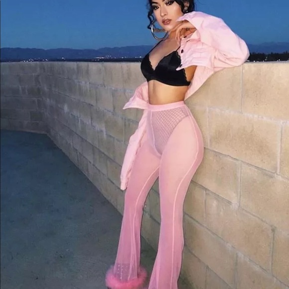 Sheer Barbie pink bell bottom faux fox fur trim pants sexy sexy rave festival - Picture 2 of 3